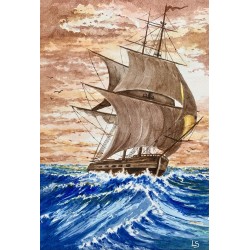 Aquarelle Goélette en Pleine Tempête