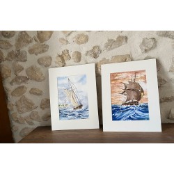 Aquarelle Goélette en Pleine Tempête