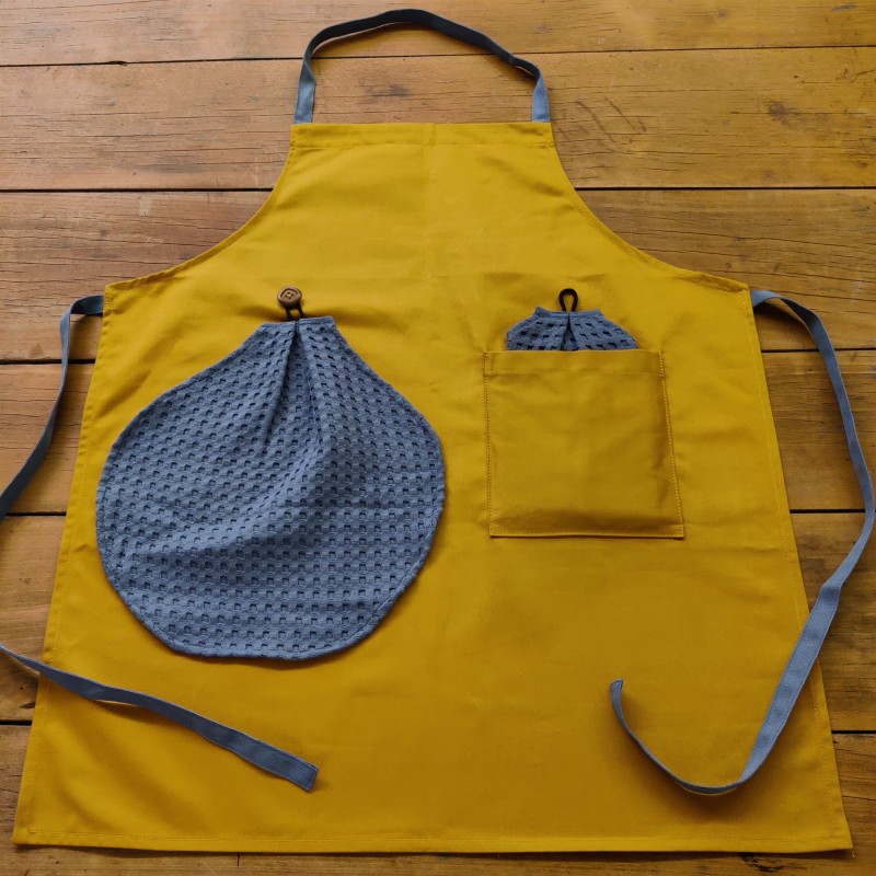 Grand Tablier Avec Essuie-Mains - Moutarde-Gris