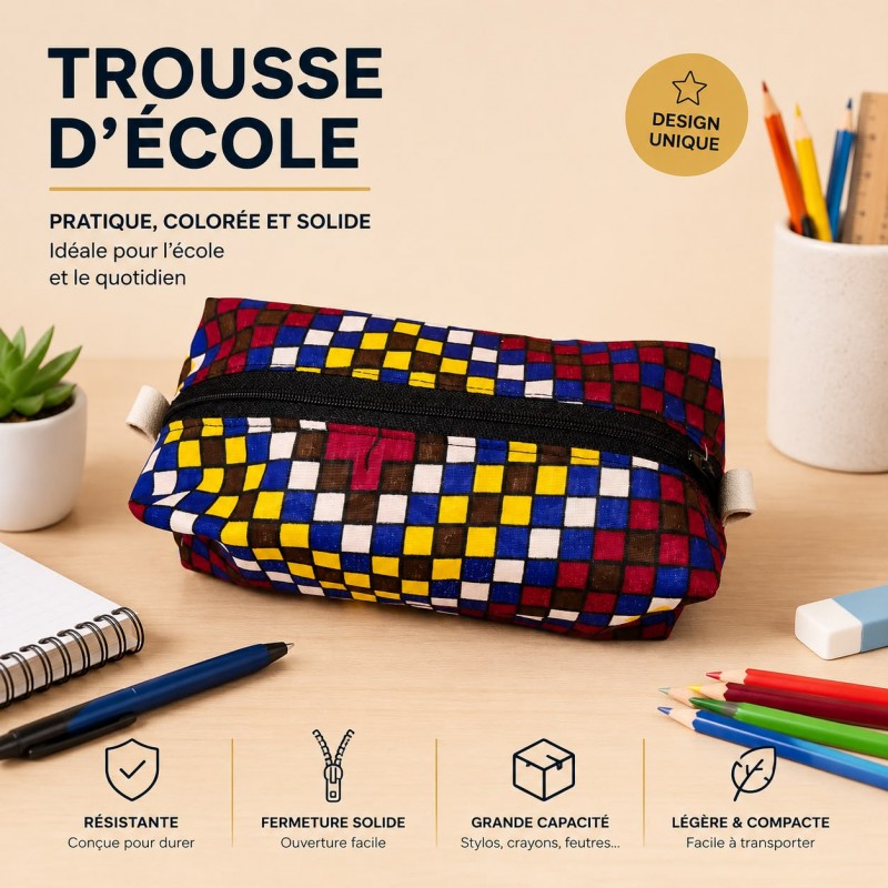Trousse à Stylos en Wax - Petits Carreaux